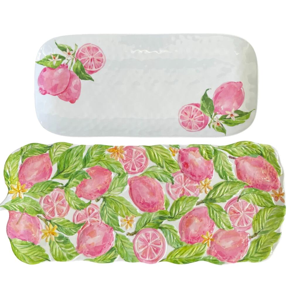 SOHO LOFT SUMMER PINK LEMONS SET OF 2 MELAMINE OBLONG SERVING PLATTERS TRAYS NEW